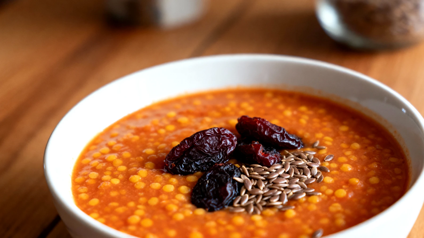 Zuppa di lenticchie rosse con prugne secche e semi di lino"
