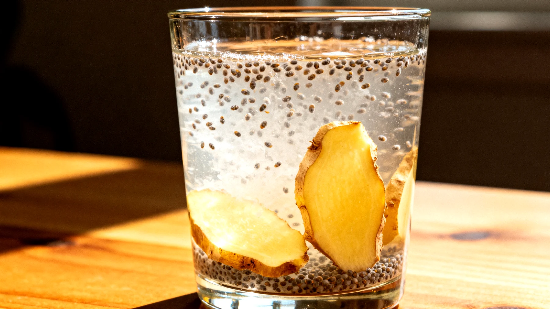 Kefir d'acqua con semi di chia e zenzero fresco"