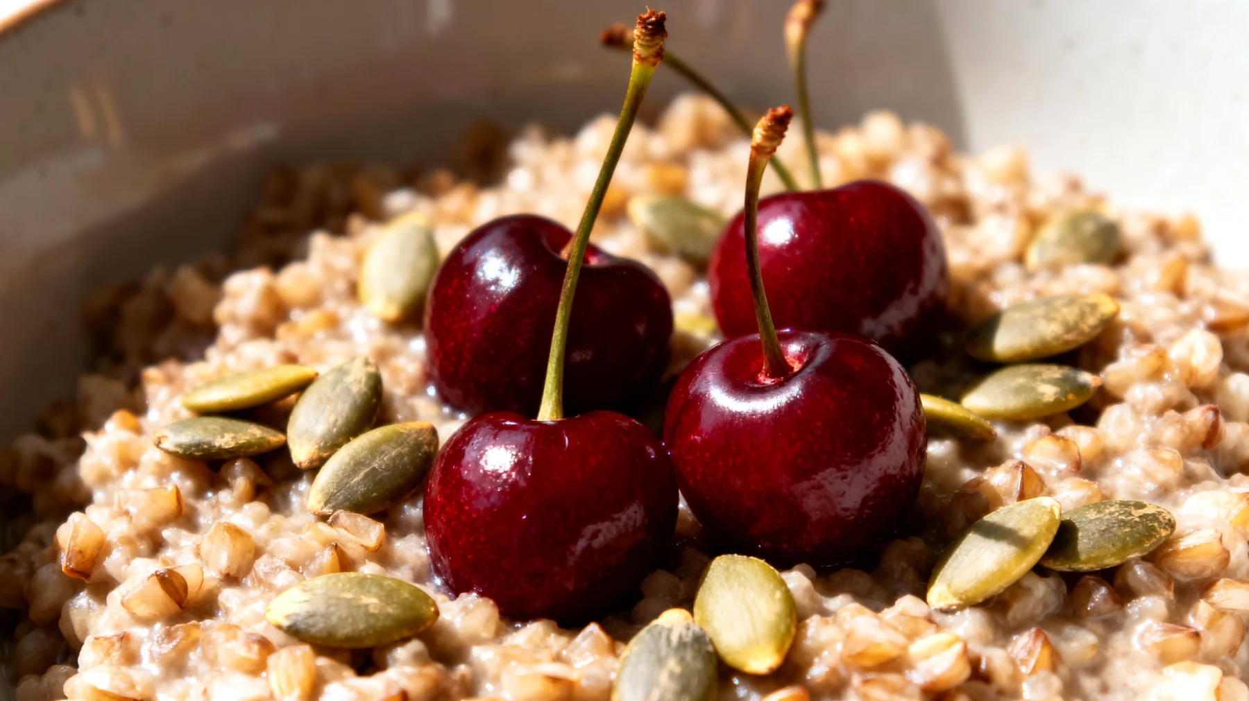 Porridge di grano saraceno con ciliegie acide e semi di zucca"