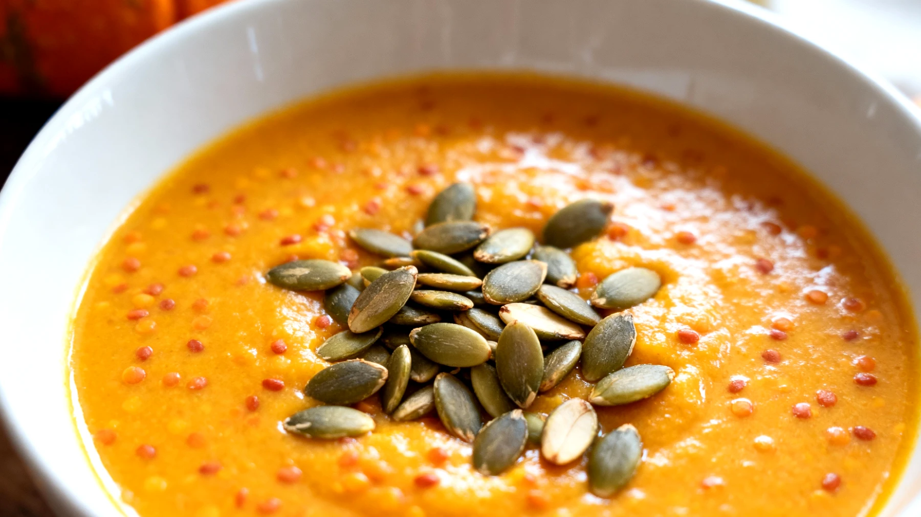Vellutata di zucca e lenticchie rosse con semi di zucca tostati"