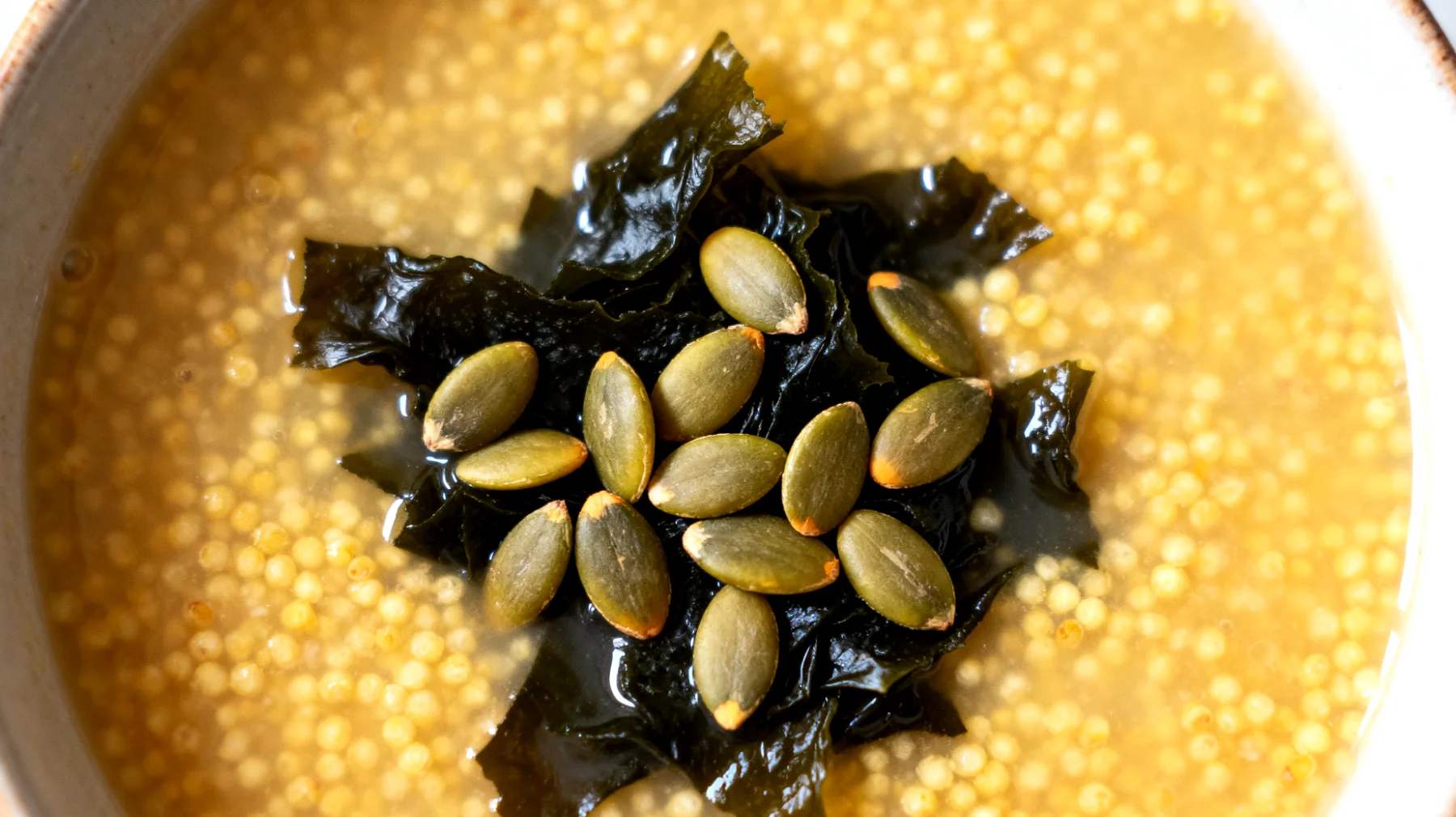 Zuppa di miglio con alghe wakame e semi di zucca"