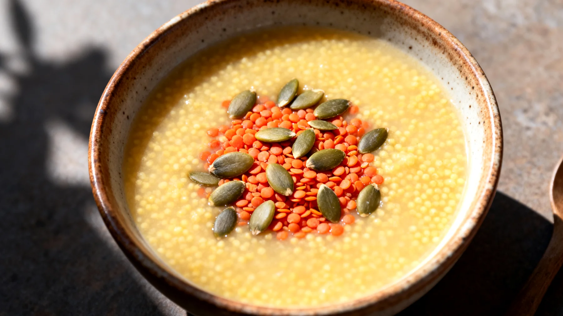 Zuppa di miglio con lenticchie rosse e semi di zucca"