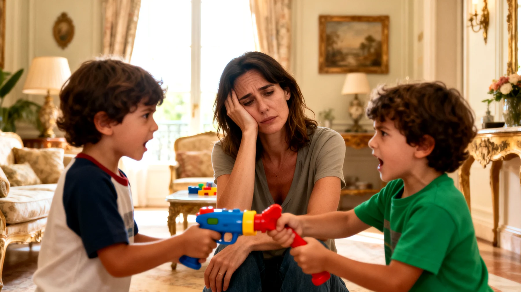 Una mamma si trova a gestire dinamiche di gelosia e rivalità tra i suoi bambini, che litigano frequentemente per ottenere attenzione, giocattoli o privilegi, creando tensioni in famiglia e senso di inadeguatezza nel ruolo genitoriale"