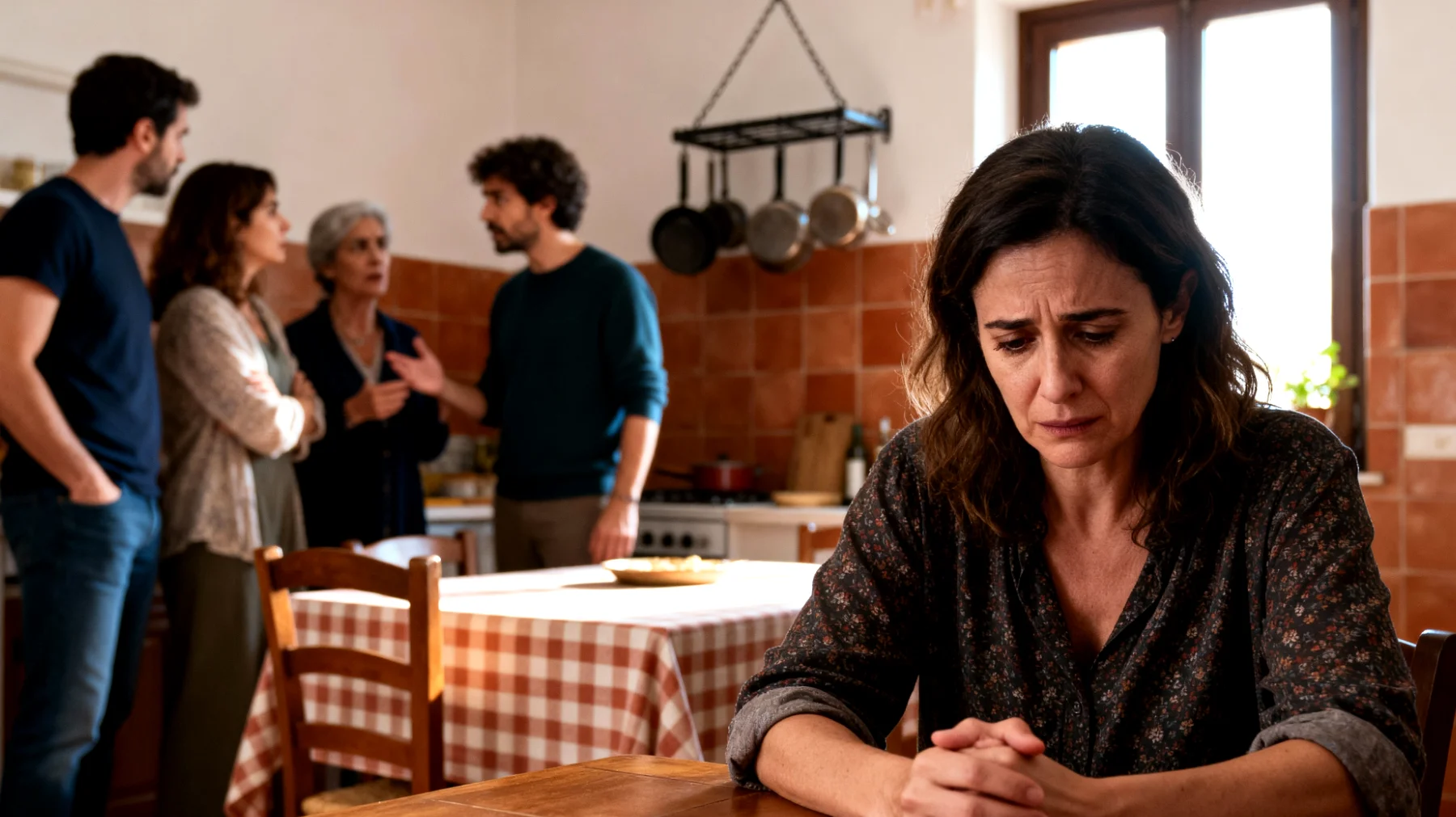 Mamma in difficoltà nella gestione del rapporto con i figli giovani adulti a causa di conflitti con la famiglia allargata, che interferisce con opinioni contrastanti sulle scelte di vita, creando tensioni e mettendo i figli al centro di dinamiche familiari complesse"