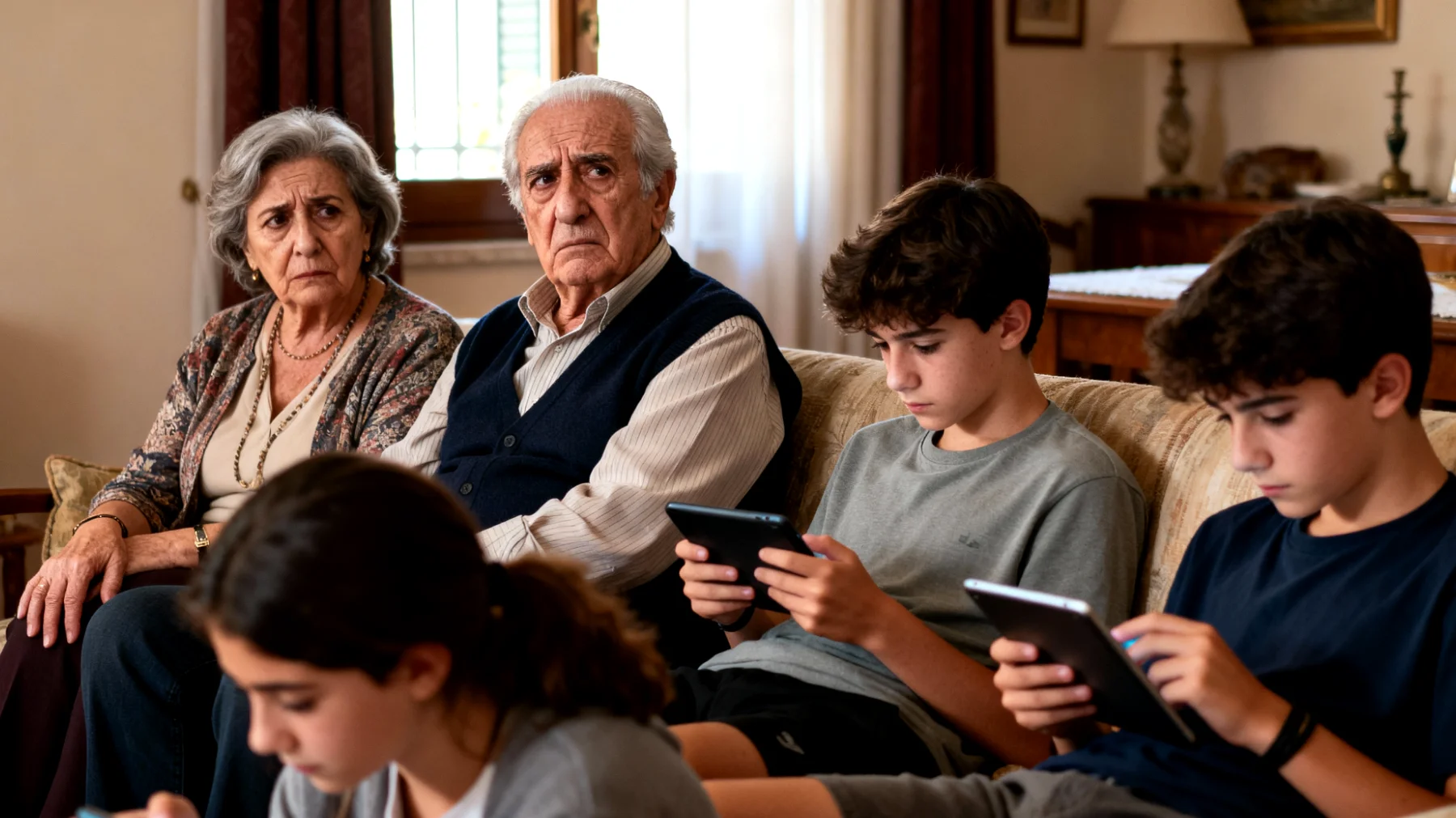 I nonni faticano a gestire l'uso eccessivo di smartphone e videogiochi da parte dei nipoti adolescenti, creando tensioni durante il tempo trascorso insieme e difficoltà nel mantenere un dialogo costruttivo."