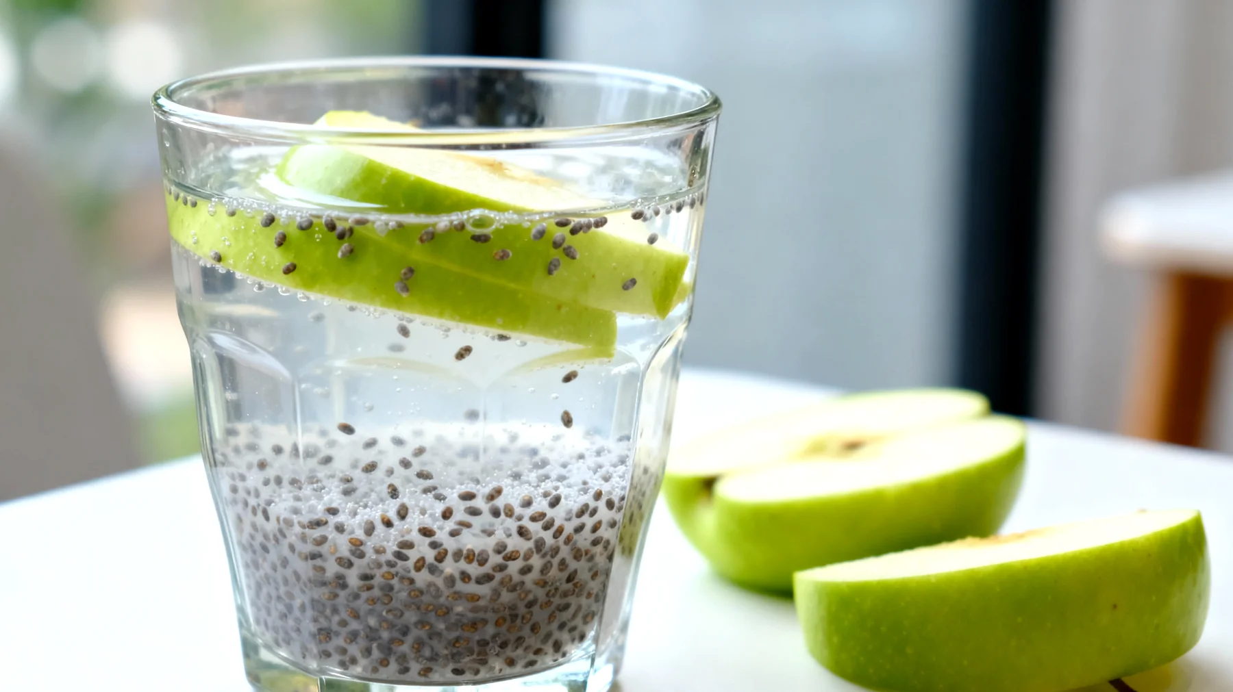 Kefir d'acqua con semi di chia e mela verde"