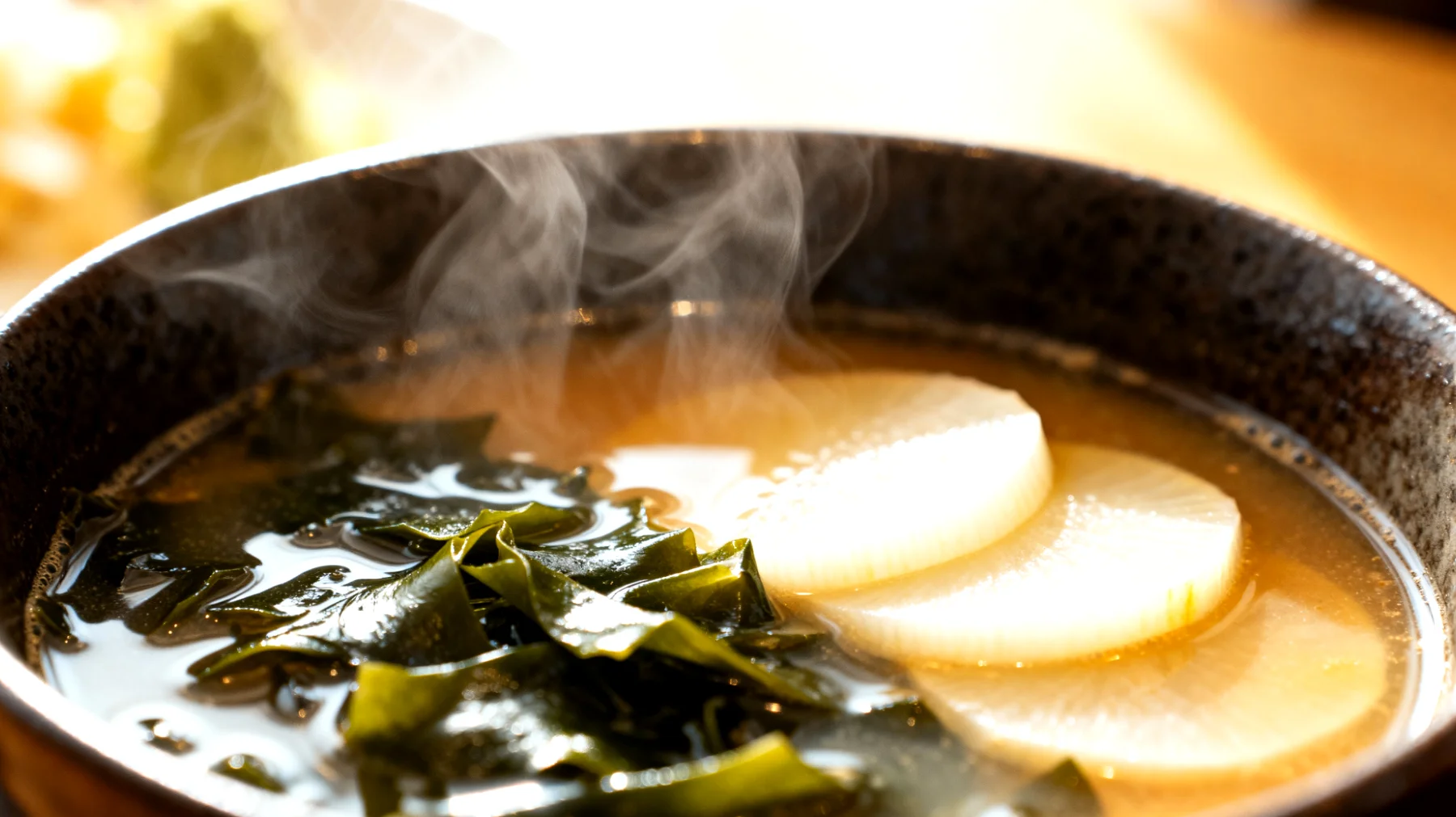 Zuppa di miso con alghe wakame e daikon"