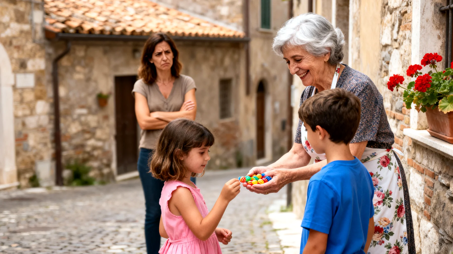 Nonna che non riesce a stabilire confini chiari con i nipoti bambini e cede sempre alle loro richieste, creando difficoltà nella gestione quotidiana e possibili conflitti con i genitori"