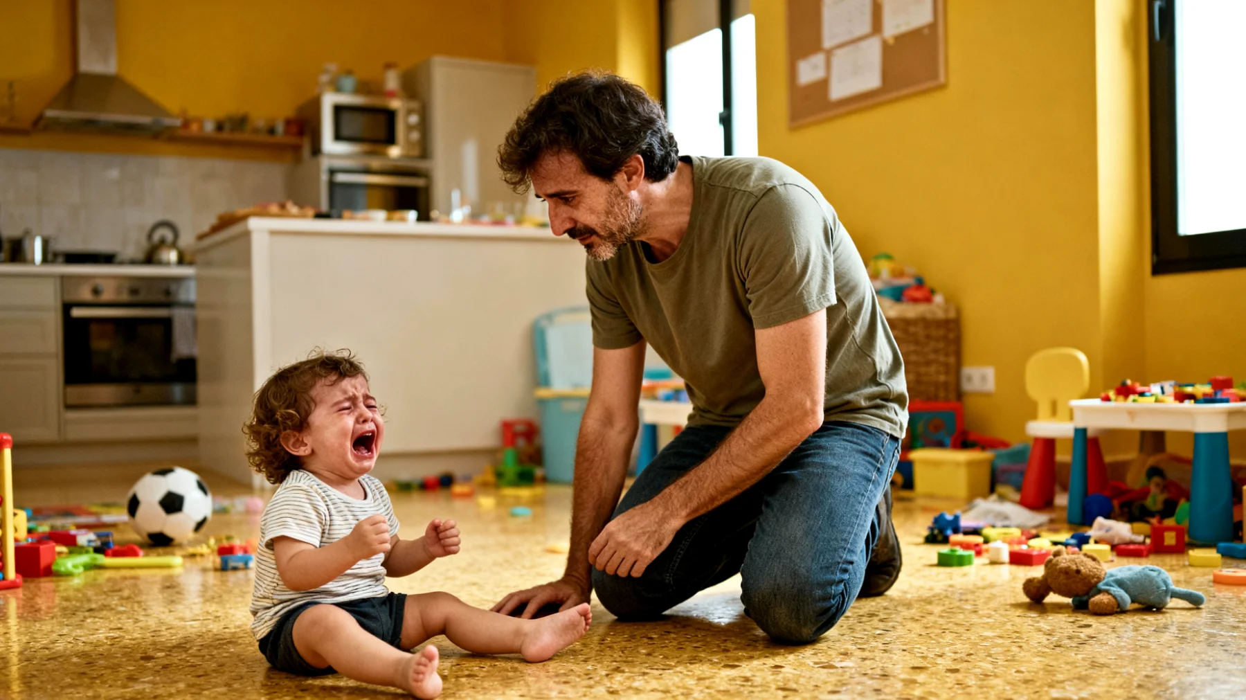 Padre che fatica a gestire le crisi emotive e i capricci del bambino piccolo, sentendosi inadeguato di fronte a pianti improvvisi, scoppi di rabbia e manifestazioni di paura"