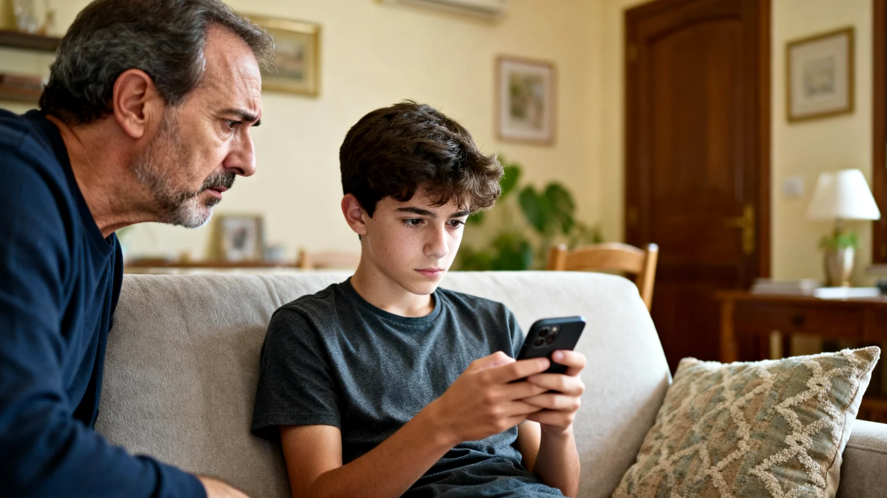 Papà che scopre che il figlio adolescente usa i social media in modo rischioso, condividendo informazioni personali, interagendo con sconosciuti o pubblicando contenuti inappropriati, e fatica a stabilire un dialogo costruttivo senza creare conflitti o chiusure"